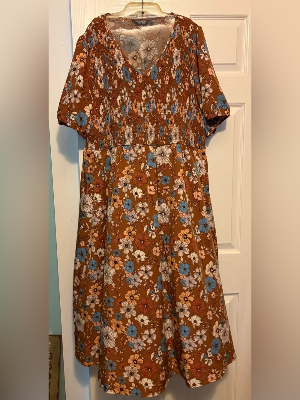 BloomChic Brown Floral Maxi Dress with Blue & Pink Accents
